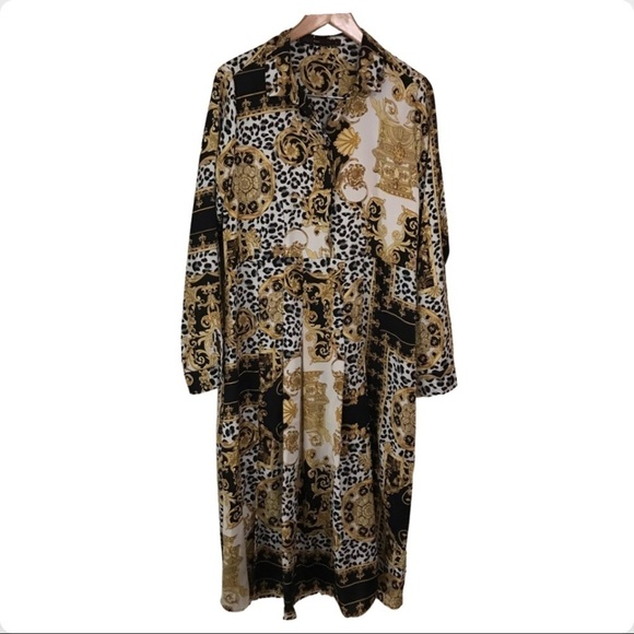 Hazel print midi dress Sleeve A-line pleated front half button lagenlook Sz L - Picture 1 of 6